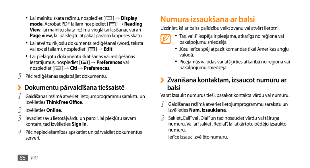 Samsung GT-I5800DKASEB, GT-I5800CWASEB manual Numura izsaukšana ar balsi, ››Dokumentu pārvaldīšana tiešsaistē 