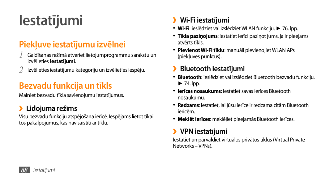 Samsung GT-I5800DKASEB, GT-I5800CWASEB manual Iestatījumi, Piekļuve iestatījumu izvēlnei, Bezvadu funkcija un tīkls 