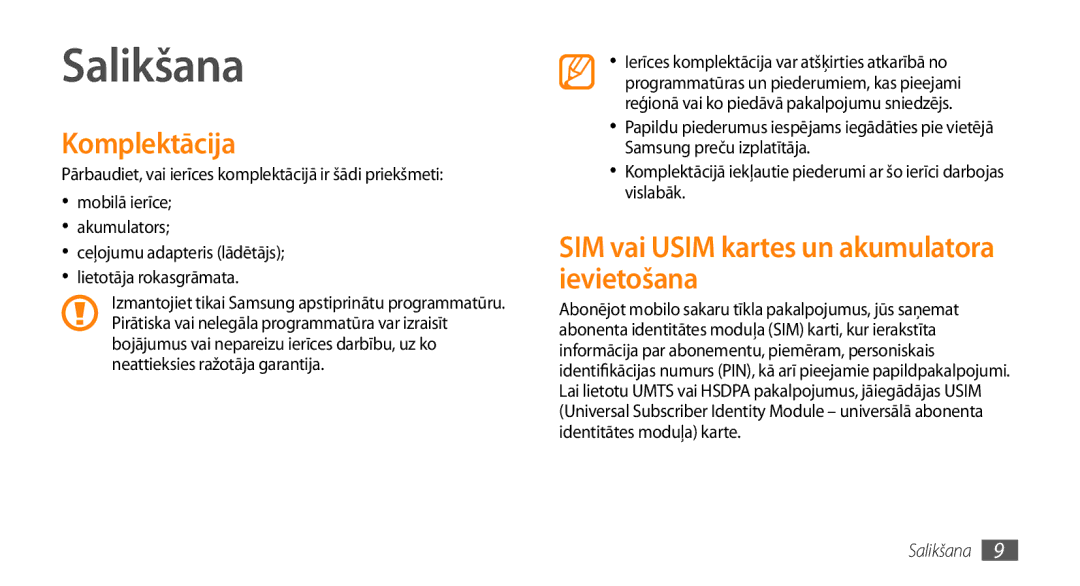 Samsung GT-I5800CWASEB, GT-I5800DKASEB manual Salikšana, Komplektācija, SIM vai Usim kartes un akumulatora ievietošana 