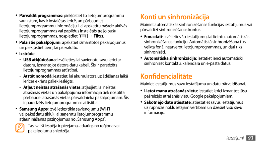 Samsung GT-I5800CWASEB, GT-I5800DKASEB manual Konti un sinhronizācija, Konfidencialitāte, Izstrāde 