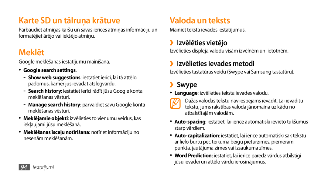 Samsung GT-I5800DKASEB, GT-I5800CWASEB manual Karte SD un tālruņa krātuve, Meklēt, Google meklēšanas iestatījumu mainīšana 