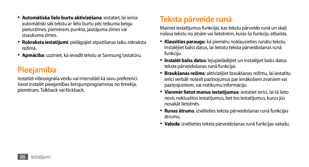 Samsung GT-I5800DKASEB, GT-I5800CWASEB manual Pieejamība, Teksta pārveide runā 