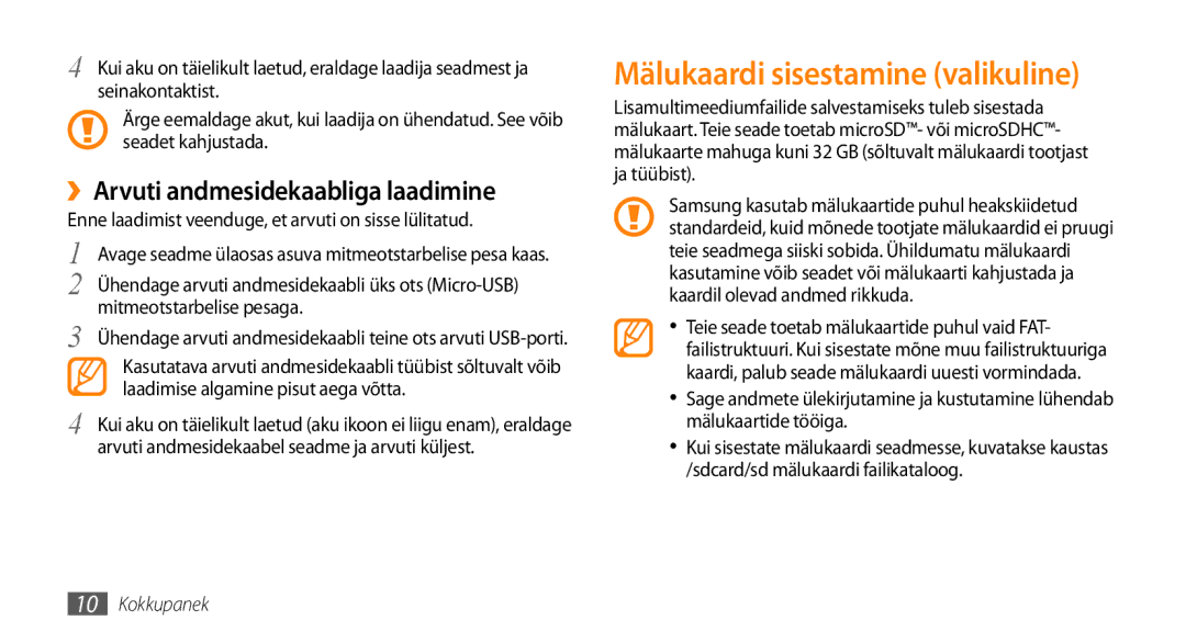 Samsung GT-I5800DKASEB, GT-I5800CWASEB manual Mälukaardi sisestamine valikuline, ››Arvuti andmesidekaabliga laadimine 