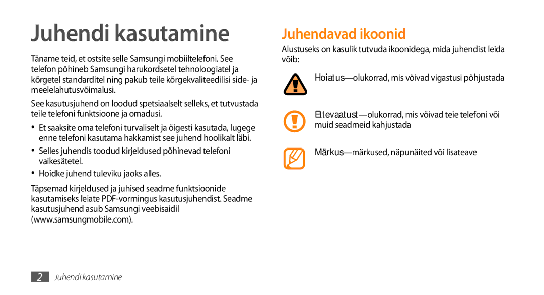 Samsung GT-I5800DKASEB, GT-I5800CWASEB manual Juhendi kasutamine, Juhendavad ikoonid 