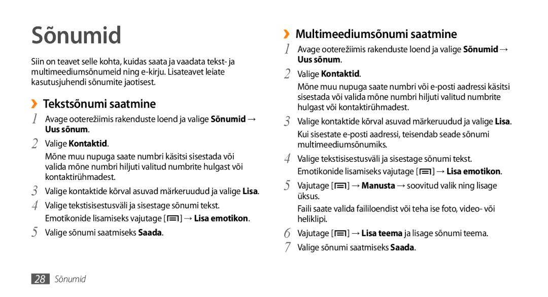 Samsung GT-I5800DKASEB manual Sõnumid, ››Tekstsõnumi saatmine, ››Multimeediumsõnumi saatmine, Uus sõnum, Valige Kontaktid 
