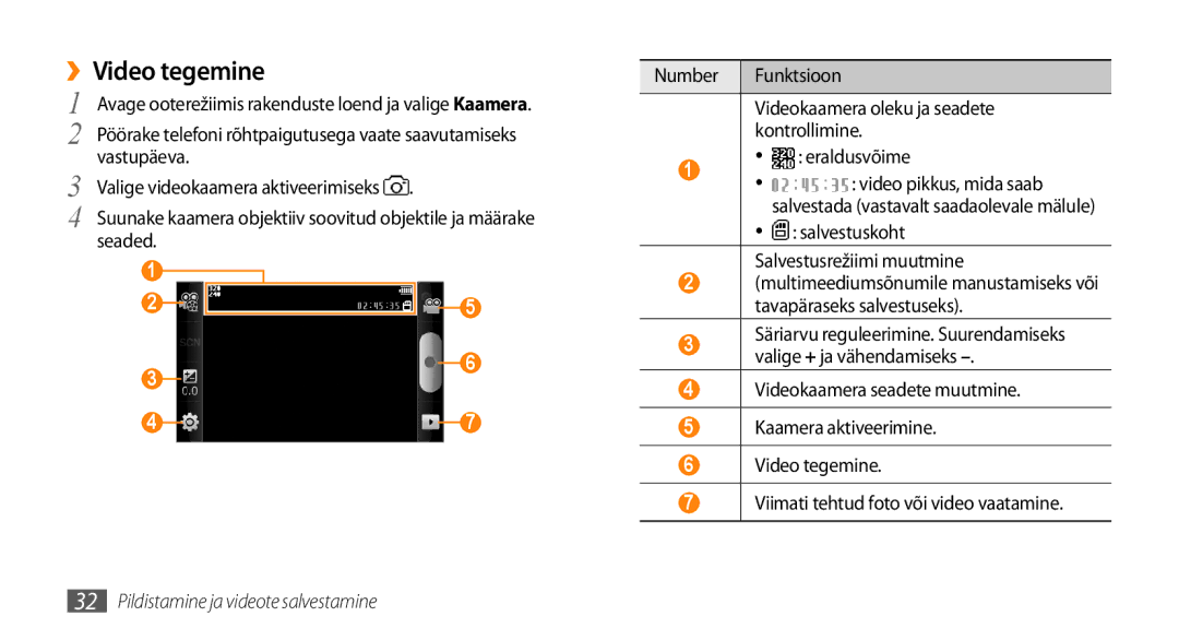 Samsung GT-I5800DKASEB, GT-I5800CWASEB manual ››Video tegemine, Salvestuskoht Salvestusrežiimi muutmine 