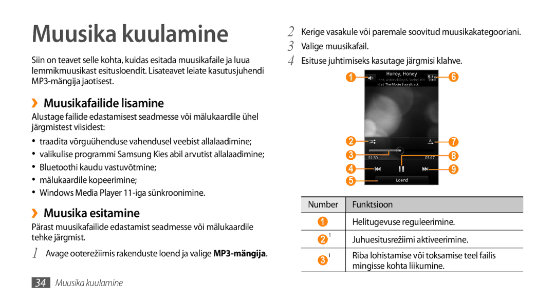 Samsung GT-I5800DKASEB manual Muusika kuulamine, ››Muusikafailide lisamine, ››Muusika esitamine, Mingisse kohta liikumine 