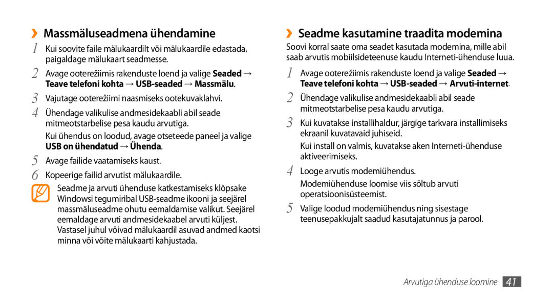 Samsung GT-I5800CWASEB, GT-I5800DKASEB manual ››Massmäluseadmena ühendamine, Teave telefoni kohta → USB-seaded → Massmälu 