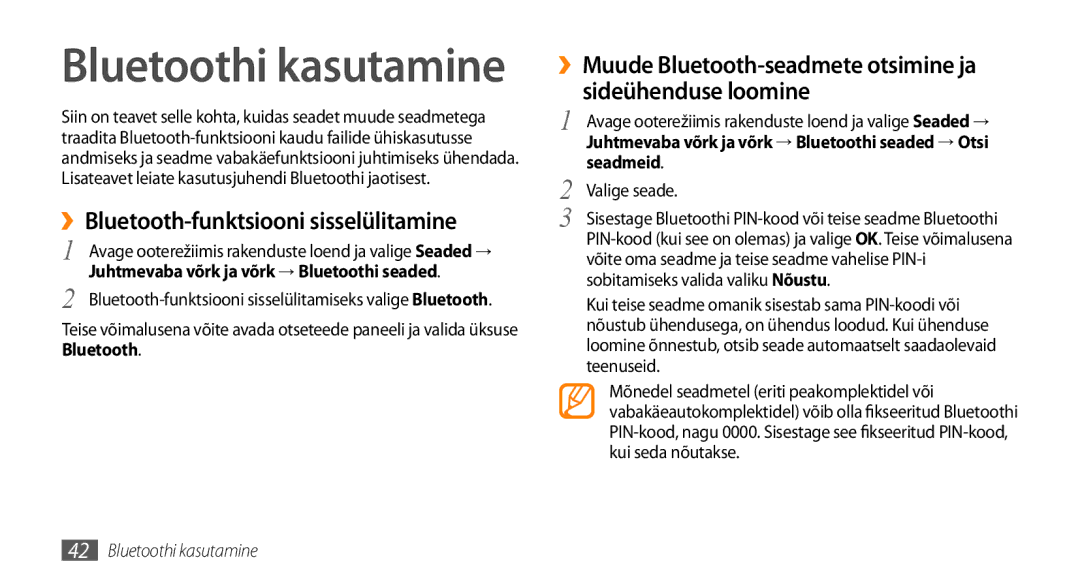 Samsung GT-I5800DKASEB, GT-I5800CWASEB manual ››Bluetooth-funktsiooni sisselülitamine, Seadmeid, Valige seade 