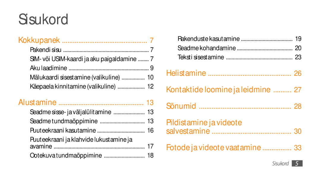 Samsung GT-I5800CWASEB, GT-I5800DKASEB manual Sisukord, Salvestamine, Puuteekraani ja klahvide lukustamine ja 