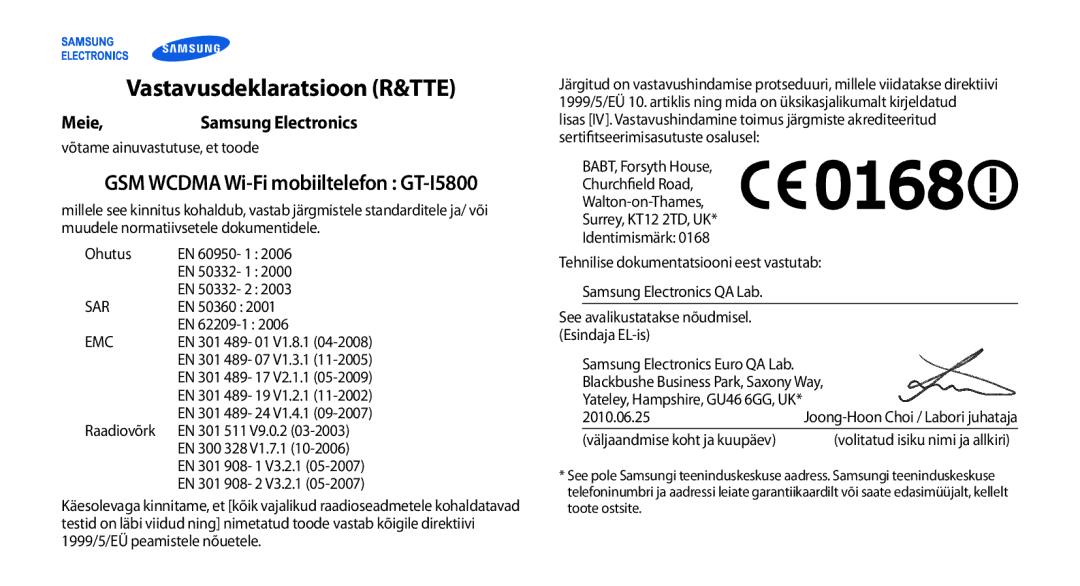 Samsung GT-I5800DKASEB, GT-I5800CWASEB manual GSM Wcdma Wi-Fi mobiiltelefon GT-I5800, Meie Samsung Electronics 