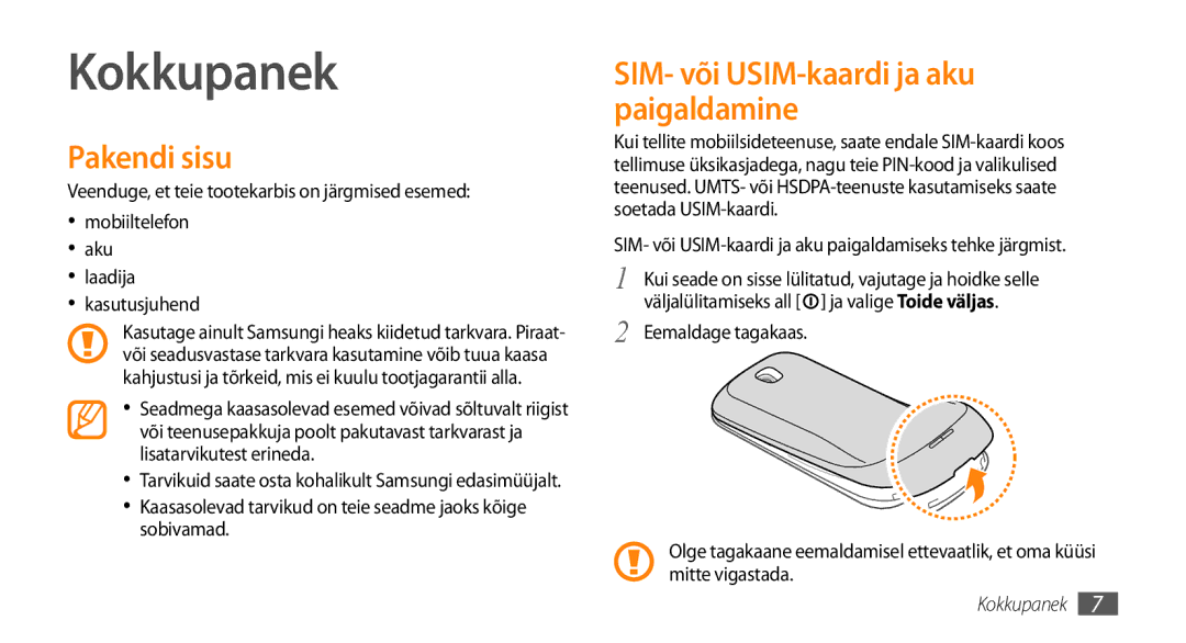 Samsung GT-I5800CWASEB, GT-I5800DKASEB manual Kokkupanek, Pakendi sisu, SIM- või USIM-kaardi ja aku paigaldamine 