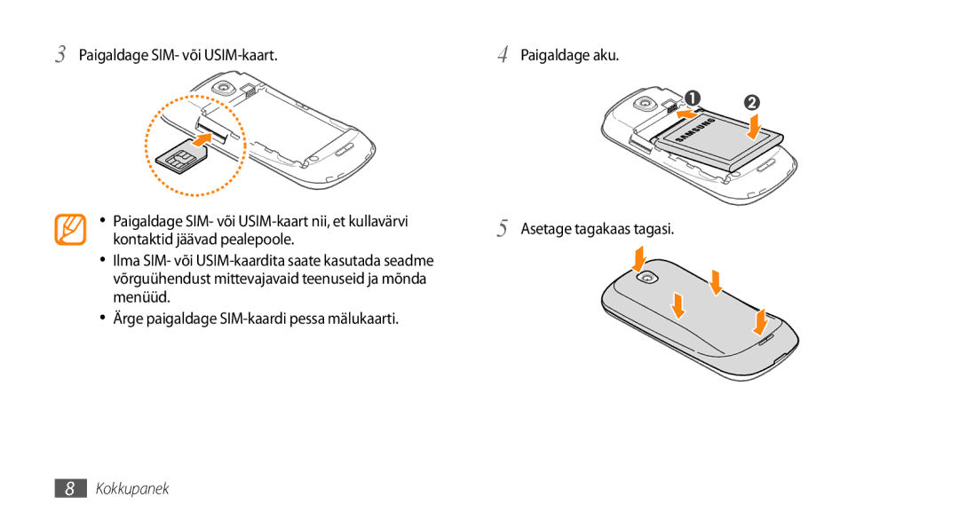 Samsung GT-I5800DKASEB, GT-I5800CWASEB manual Kokkupanek 