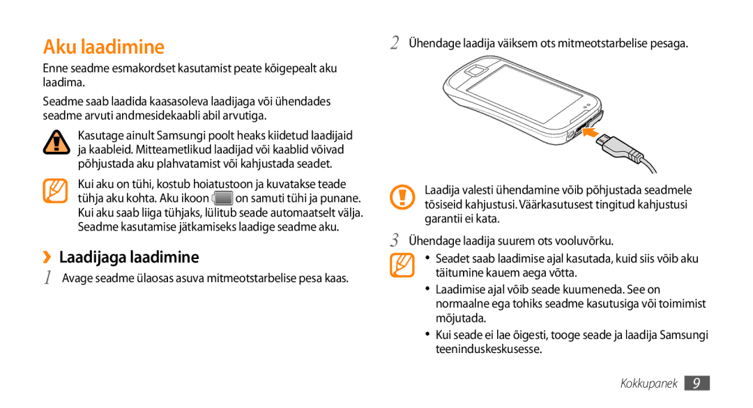 Samsung GT-I5800CWASEB, GT-I5800DKASEB manual Aku laadimine, ››Laadijaga laadimine 