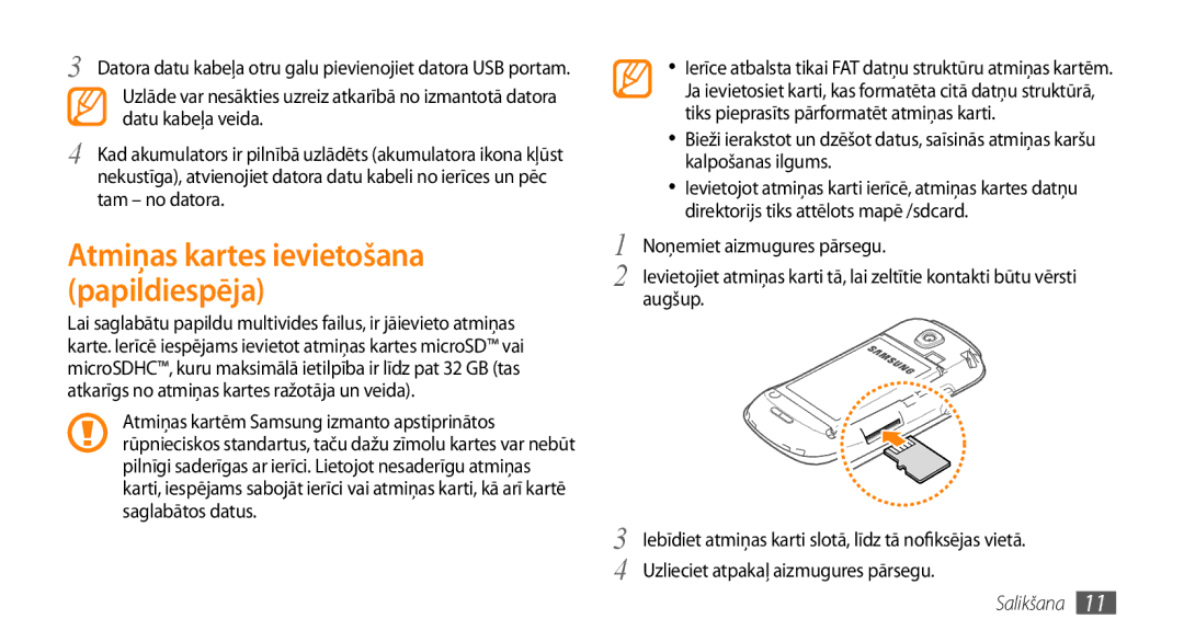 Samsung GT-I5800CWASEB, GT-I5800DKASEB manual Atmiņas kartes ievietošana papildiespēja 