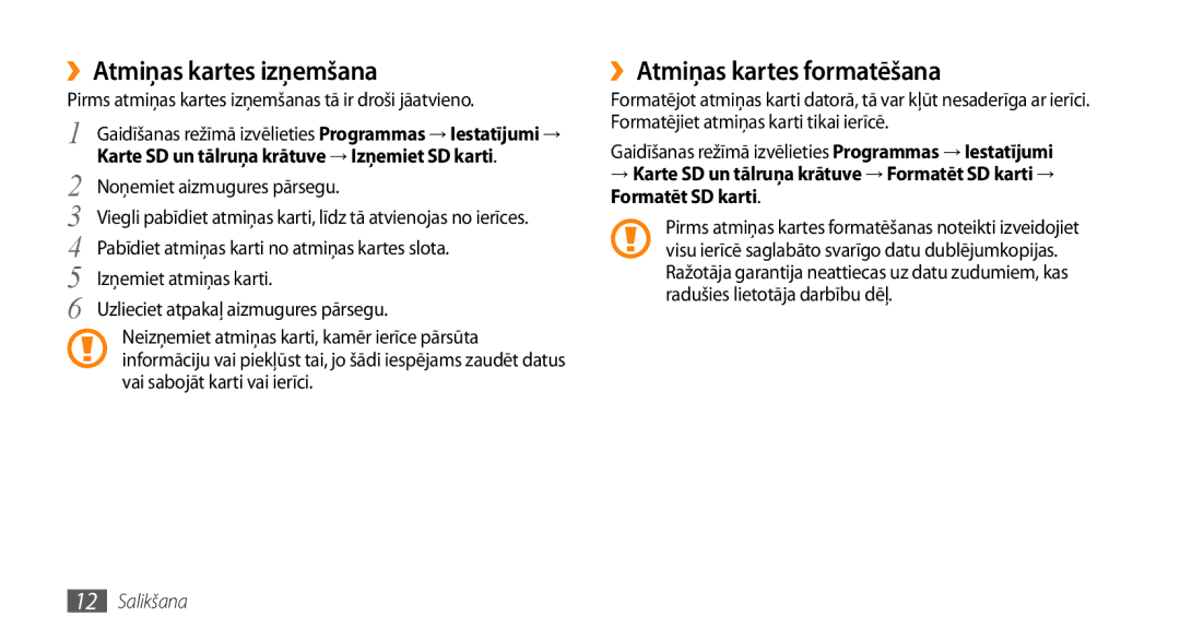 Samsung GT-I5800DKASEB, GT-I5800CWASEB manual ››Atmiņas kartes izņemšana, ››Atmiņas kartes formatēšana 