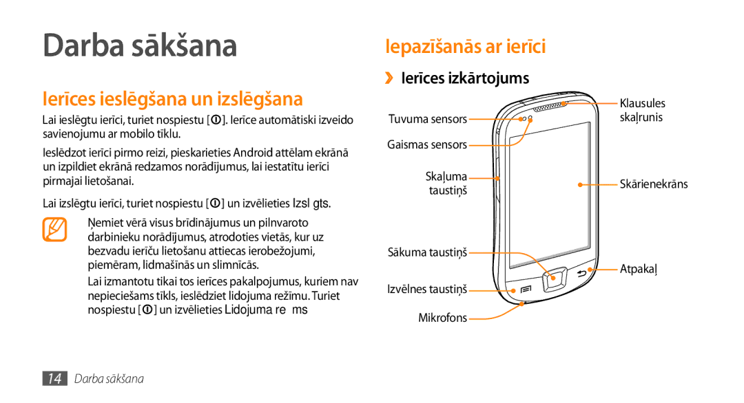 Samsung GT-I5800DKASEB, GT-I5800CWASEB manual Darba sākšana, Ierīces ieslēgšana un izslēgšana, ››Ierīces izkārtojums 