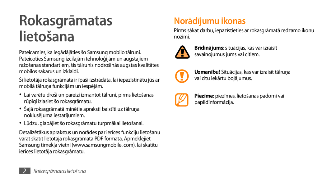 Samsung GT-I5800DKASEB, GT-I5800CWASEB manual Rokasgrāmatas Lietošana, Norādījumu ikonas, Rokasgrāmatas lietošana 