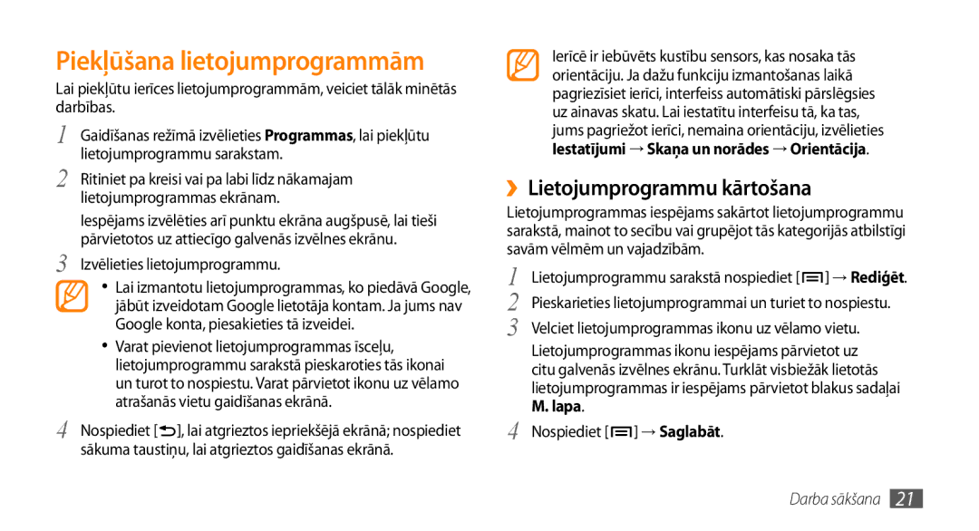 Samsung GT-I5800CWASEB manual Piekļūšana lietojumprogrammām, ››Lietojumprogrammu kārtošana, Izvēlieties lietojumprogrammu 