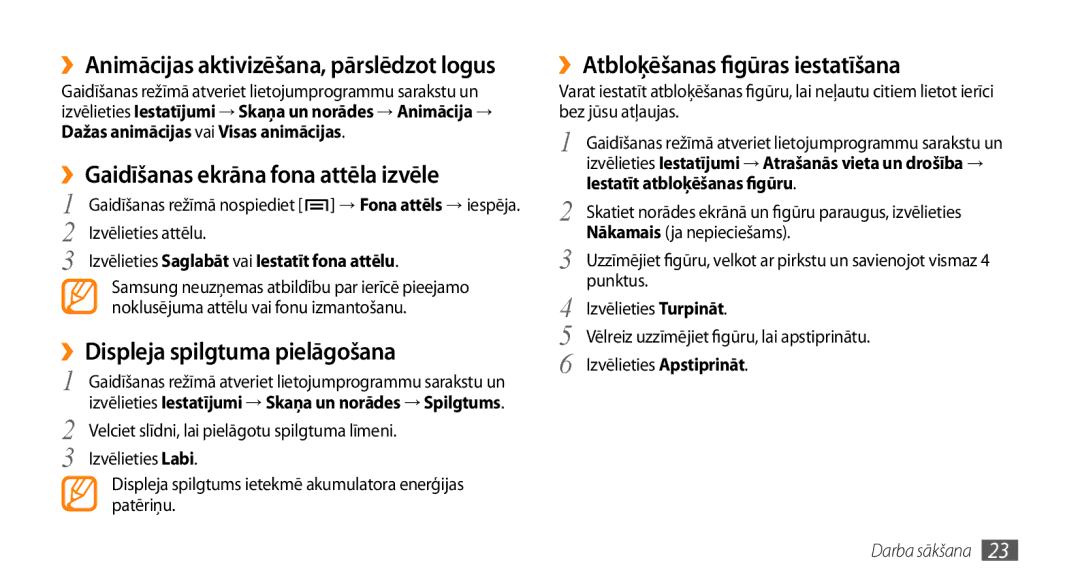 Samsung GT-I5800CWASEB, GT-I5800DKASEB manual ››Gaidīšanas ekrāna fona attēla izvēle, ››Displeja spilgtuma pielāgošana 