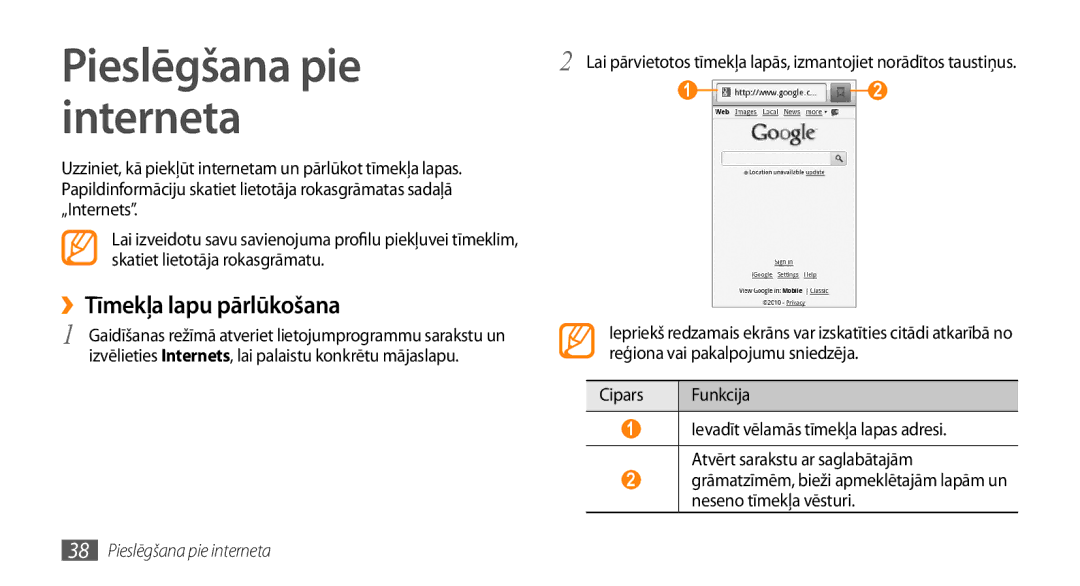 Samsung GT-I5800DKASEB, GT-I5800CWASEB manual Interneta, ››Tīmekļa lapu pārlūkošana, Pieslēgšana pie interneta 