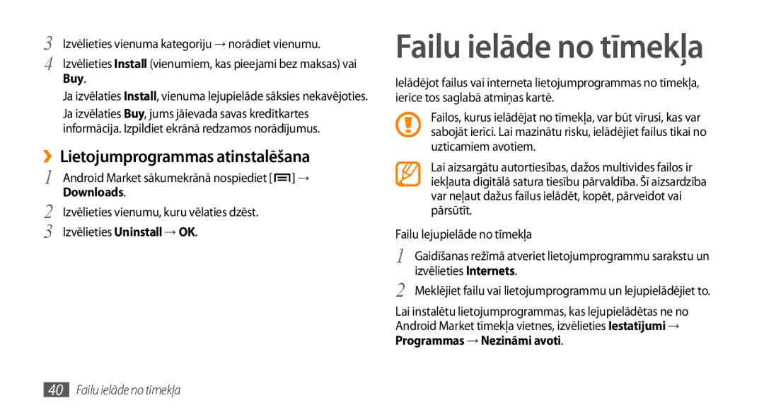 Samsung GT-I5800DKASEB, GT-I5800CWASEB manual ››Lietojumprogrammas atinstalēšana, Buy, Downloads, Failu ielāde no tīmekļa 