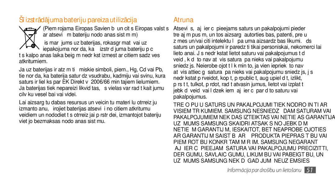 Samsung GT-I5800CWASEB, GT-I5800DKASEB manual Šī izstrādājuma bateriju pareiza utilizācija, Atruna 