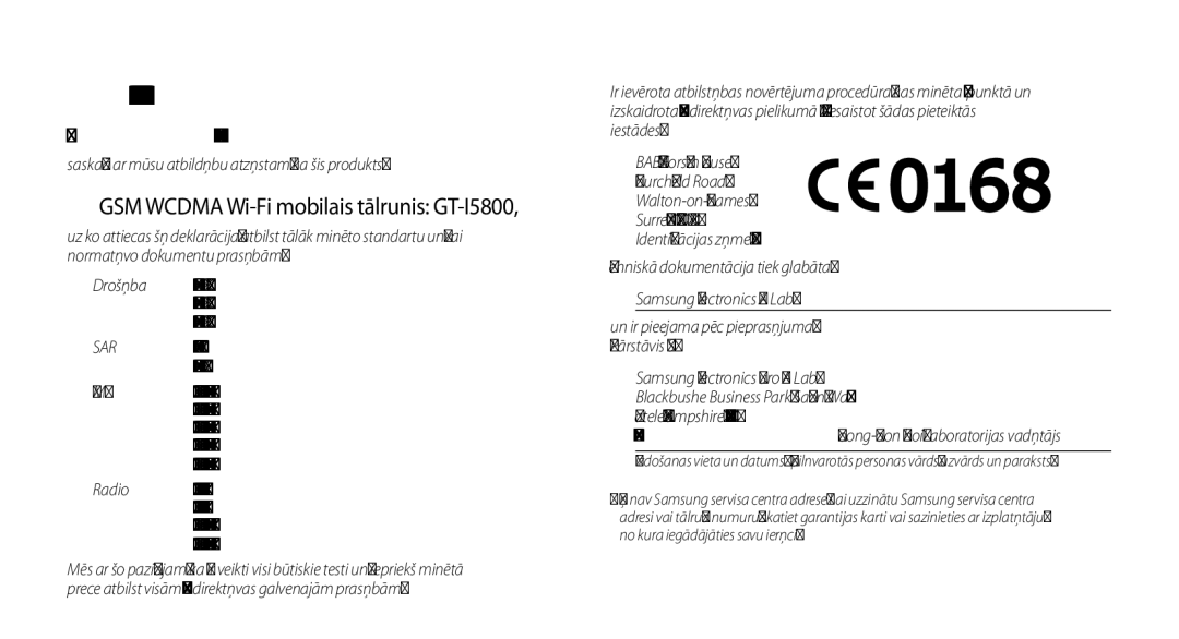 Samsung GT-I5800CWASEB, GT-I5800DKASEB manual GSM Wcdma Wi-Fi mobilais tālrunis GT-I5800, Mēs Samsung Electronics 