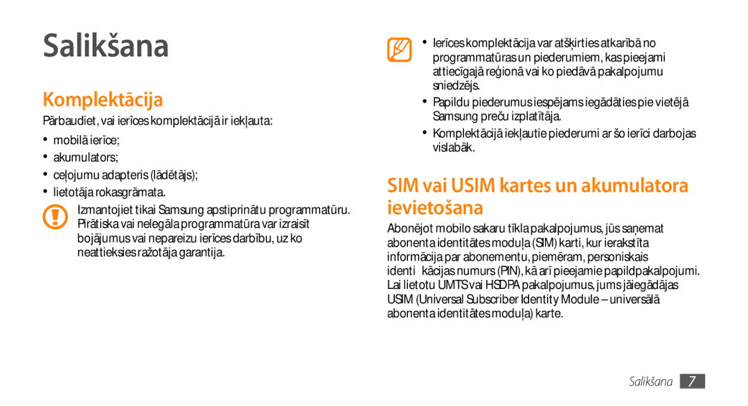 Samsung GT-I5800CWASEB, GT-I5800DKASEB manual Salikšana, Komplektācija, SIM vai Usim kartes un akumulatora ievietošana 