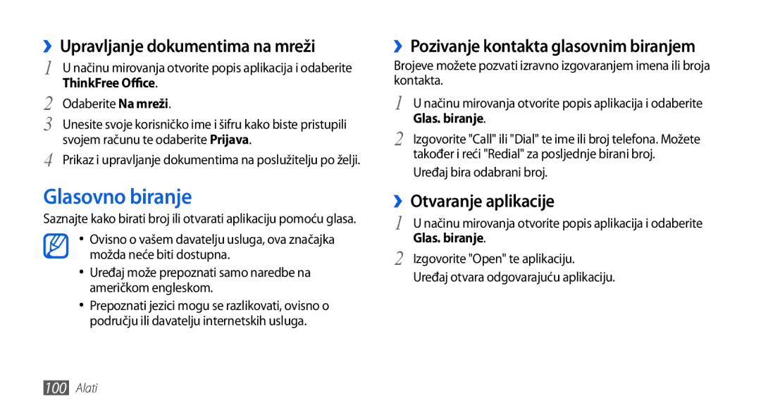 Samsung GT-I5800DKACRG manual Glasovno biranje, ››Upravljanje dokumentima na mreži, ››Otvaranje aplikacije, Glas. biranje 