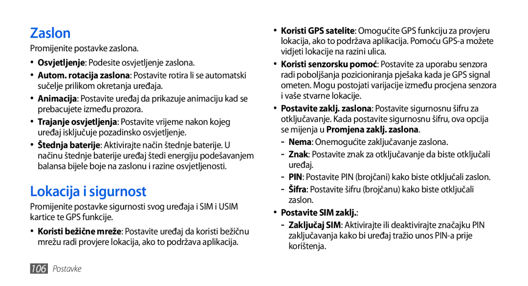 Samsung GT-I5800DKACRG manual Zaslon, Lokacija i sigurnost, Šifra Postavite šifru brojčanu kako biste otključali zaslon 