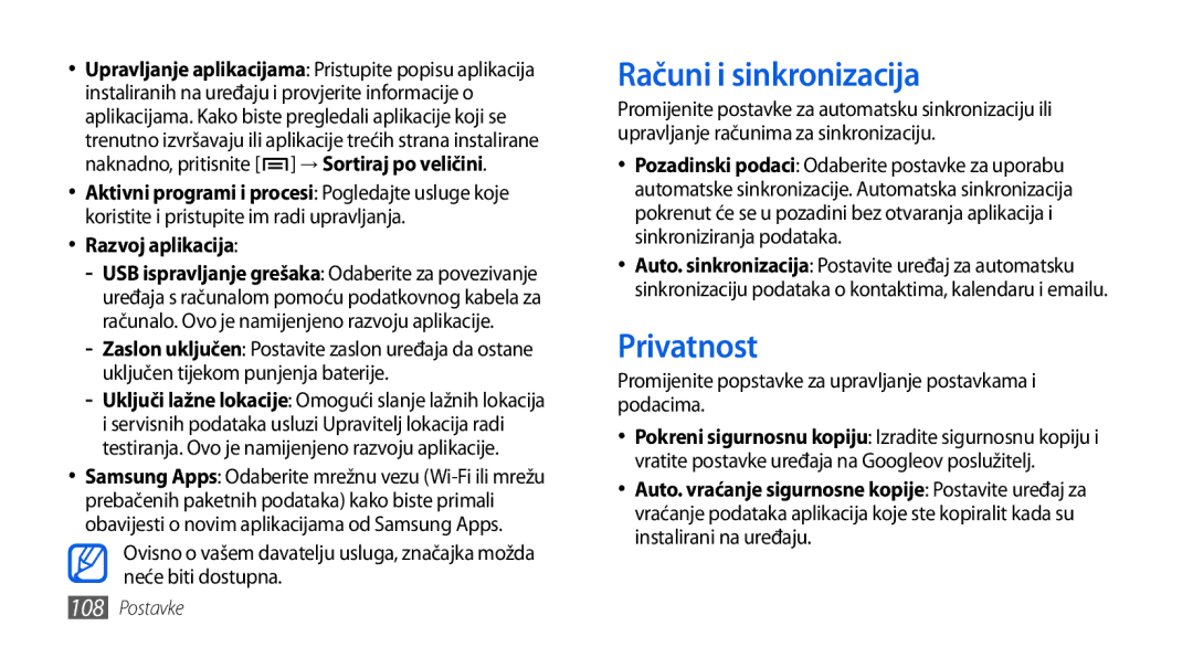 Samsung GT-I5800DKATWO, GT-I5800DKAVIP, GT-I5800DKATRA manual Računi i sinkronizacija, Privatnost, Razvoj aplikacija 