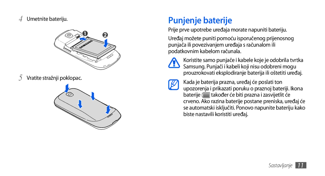 Samsung GT-I5800CWATWO, GT-I5800DKATWO, GT-I5800DKAVIP manual Punjenje baterije, Umetnite bateriju Vratite stražnji poklopac 