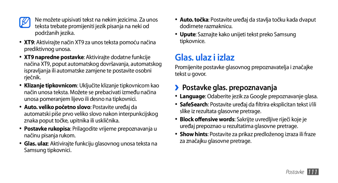 Samsung GT-I5800DKASEB, GT-I5800DKATWO, GT-I5800DKAVIP, GT-I5800DKATRA Glas. ulaz i izlaz, ››Postavke glas. prepoznavanja 