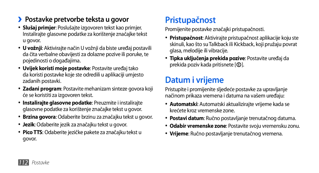 Samsung GT-I5800DKACRG, GT-I5800DKATWO, GT-I5800DKAVIP Pristupačnost, Datum i vrijeme, ››Postavke pretvorbe teksta u govor 