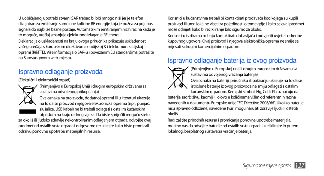 Samsung GT-I5800DKAVIP, GT-I5800DKATWO manual Ispravno odlaganje proizvoda, Ispravno odlaganje baterija iz ovog proizvoda 