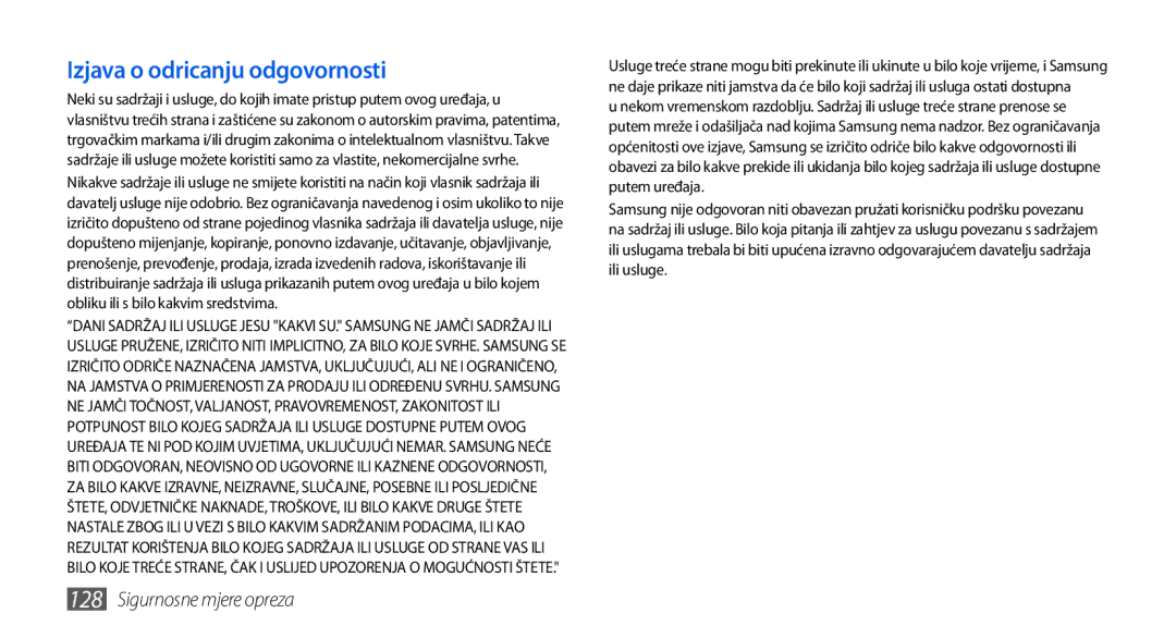 Samsung GT-I5800DKATRA, GT-I5800DKATWO, GT-I5800DKAVIP, GT-I5800DKASEB, GT-I5800DKACRG manual Izjava o odricanju odgovornosti 