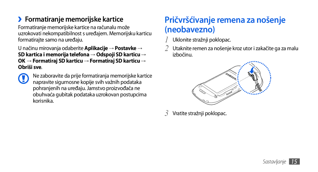 Samsung GT-I5800DKASEB, GT-I5800DKATWO manual Pričvršćivanje remena za nošenje neobavezno, ››Formatiranje memorijske kartice 