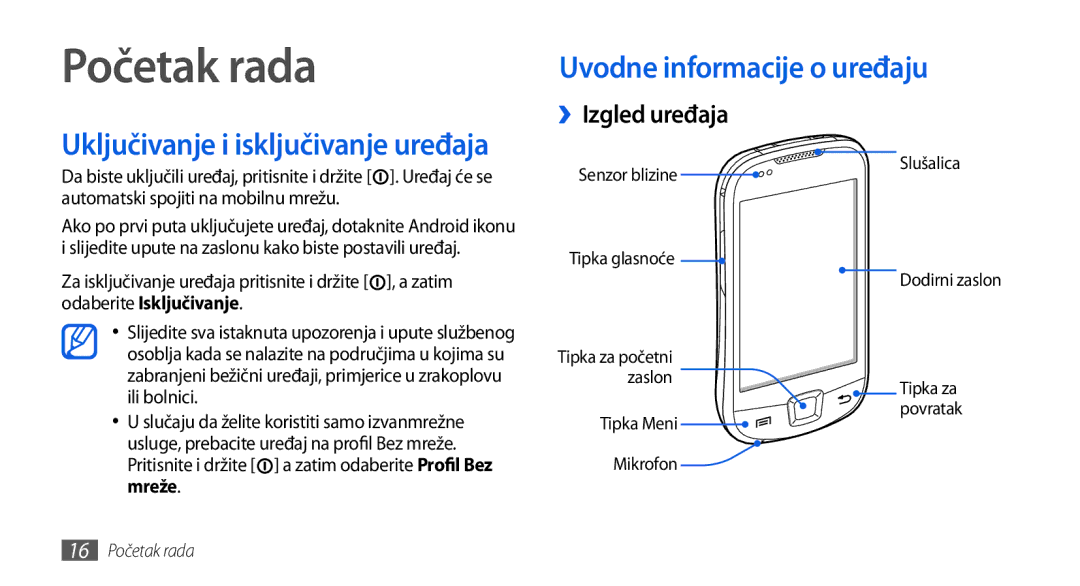 Samsung GT-I5800DKACRG, GT-I5800DKATWO, GT-I5800DKAVIP manual Početak rada, Uvodne informacije o uređaju, ››Izgled uređaja 