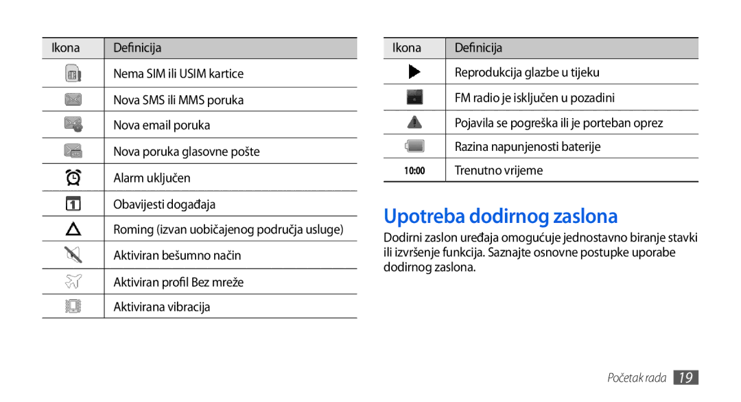 Samsung GT-I5800DKAVIP, GT-I5800DKATWO manual Upotreba dodirnog zaslona, Razina napunjenosti baterije, Trenutno vrijeme 