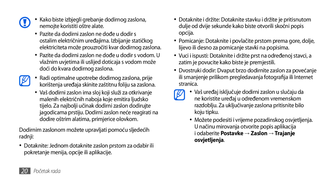 Samsung GT-I5800DKATRA, GT-I5800DKATWO, GT-I5800DKAVIP manual Dodirnim zaslonom možete upravljati pomoću sljedećih radnji 