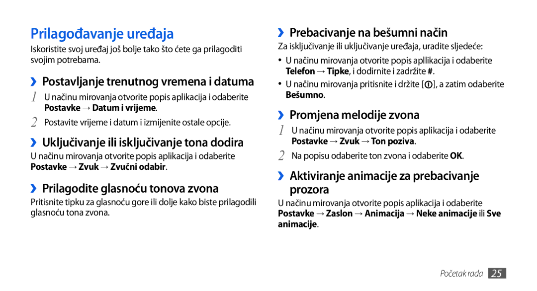 Samsung GT-I5800DKAVIP manual Prilagođavanje uređaja, ››Prilagodite glasnoću tonova zvona, ››Prebacivanje na bešumni način 