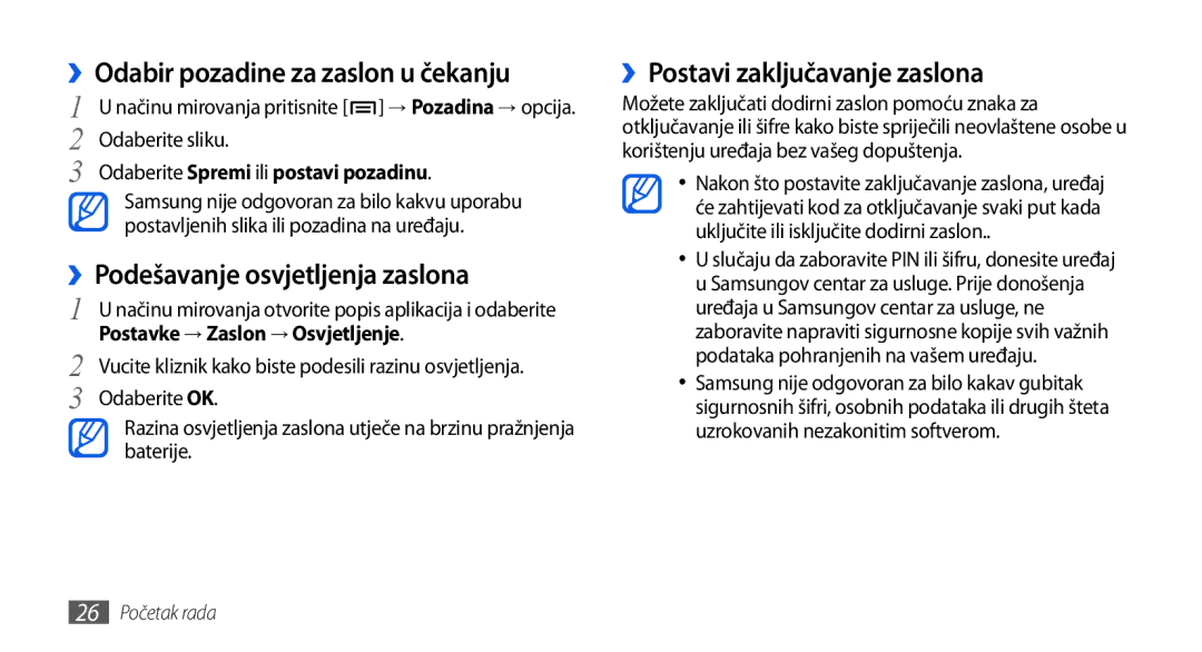 Samsung GT-I5800DKATRA, GT-I5800DKATWO, GT-I5800DKAVIP ››Podešavanje osvjetljenja zaslona, ››Postavi zaključavanje zaslona 