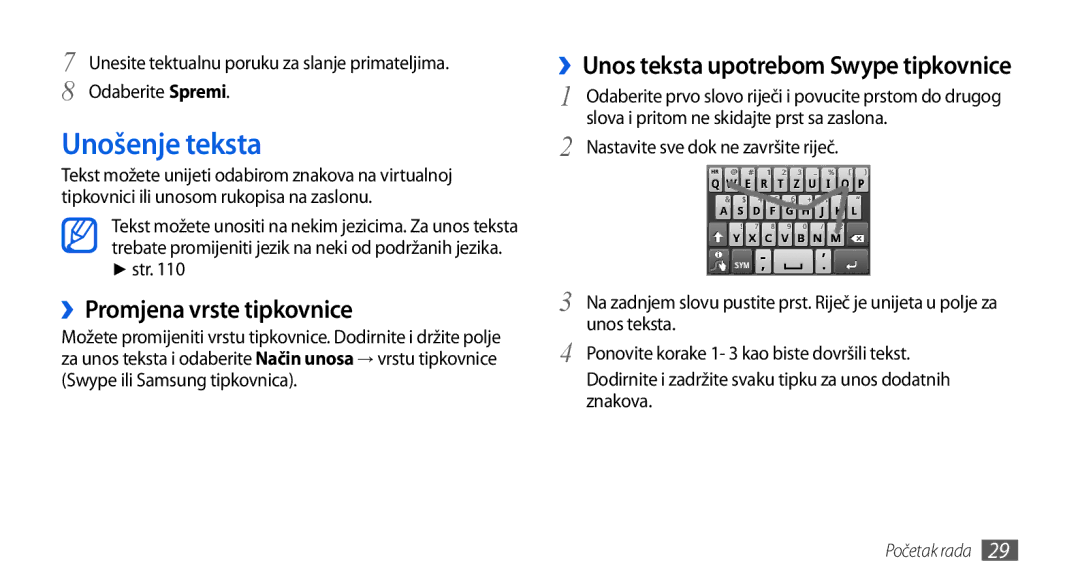 Samsung GT-I5800CWATWO manual Unošenje teksta, ››Promjena vrste tipkovnice, ››Unos teksta upotrebom Swype tipkovnice 