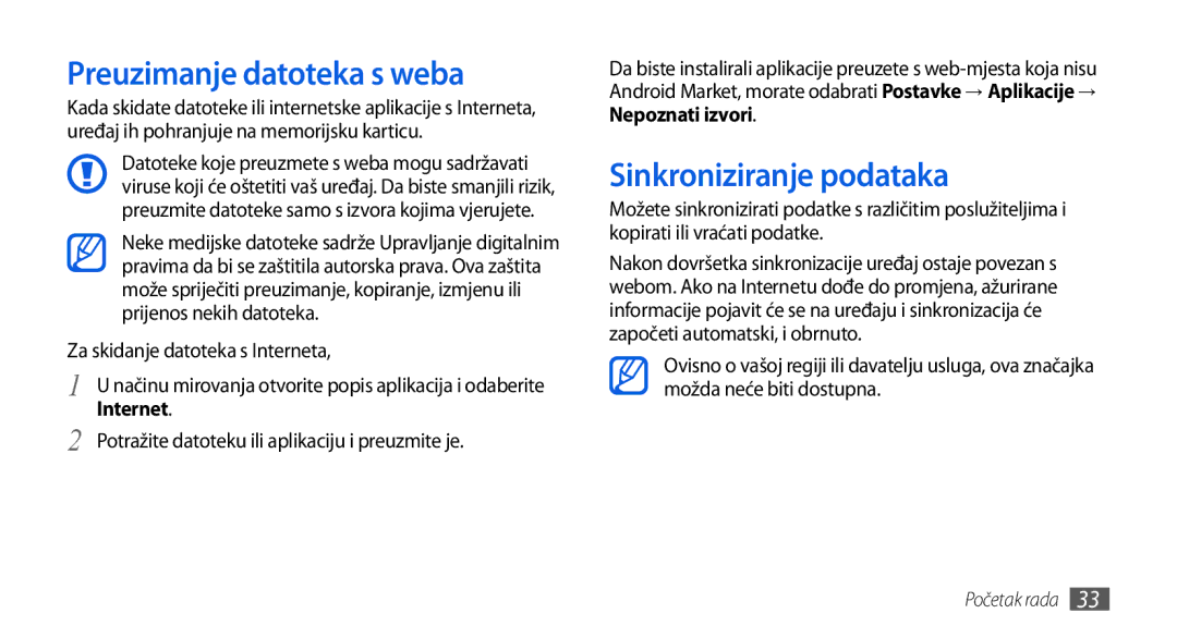 Samsung GT-I5800DKASEB manual Preuzimanje datoteka s weba, Sinkroniziranje podataka, Za skidanje datoteka s Interneta 