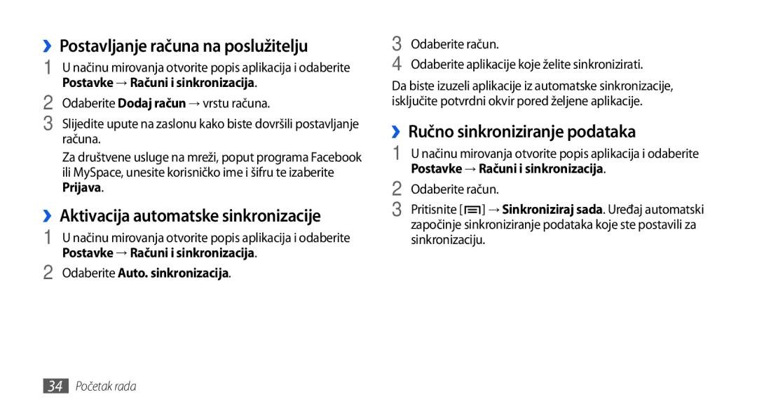 Samsung GT-I5800DKACRG, GT-I5800DKATWO manual ››Postavljanje računa na poslužitelju, ››Aktivacija automatske sinkronizacije 