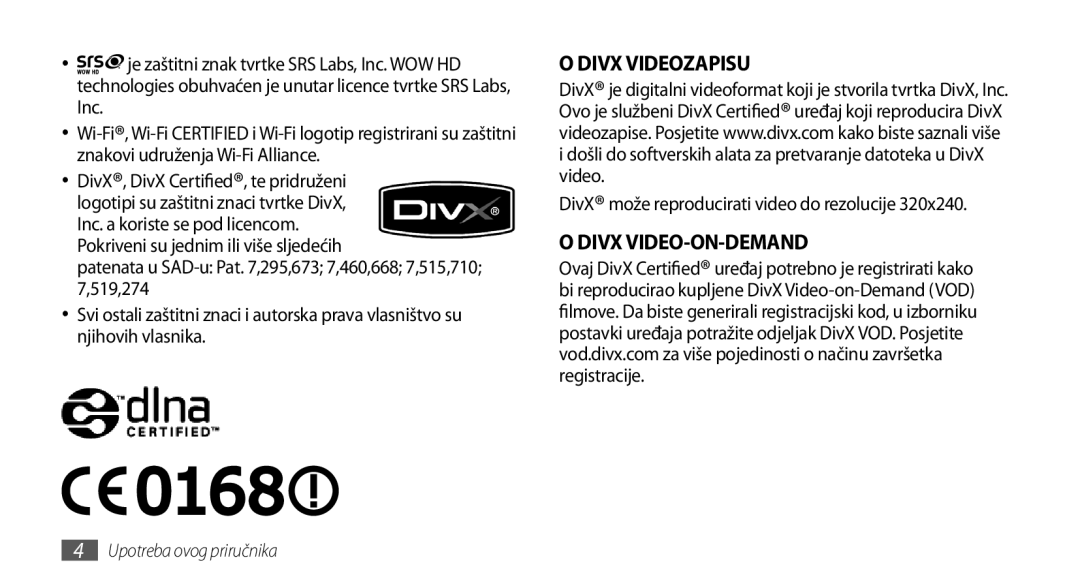 Samsung GT-I5800DKACRG, GT-I5800DKATWO, GT-I5800DKAVIP, GT-I5800DKATRA, GT-I5800DKASEB, GT-I5800CWATWO manual Divx Videozapisu 