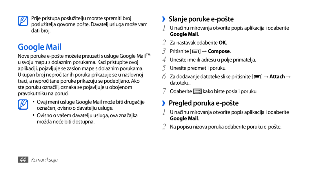 Samsung GT-I5800DKATRA, GT-I5800DKATWO manual Google Mail, ››Slanje poruke e-pošte, ››Pregled poruka e-pošte, → Compose 