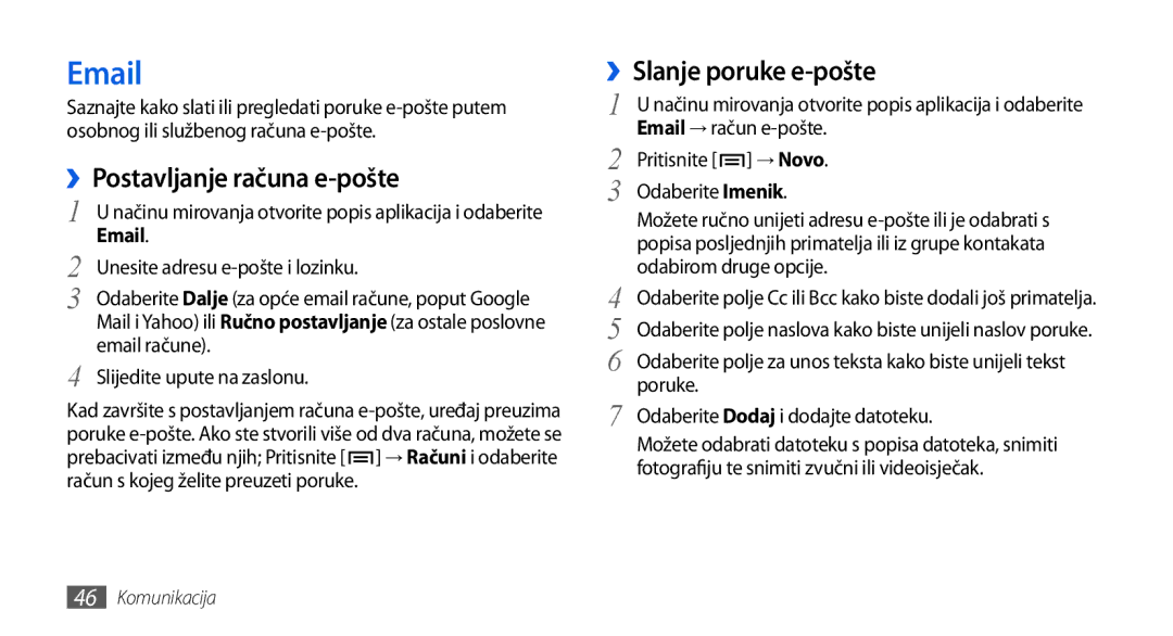 Samsung GT-I5800DKACRG, GT-I5800DKATWO, GT-I5800DKAVIP, GT-I5800DKATRA, GT-I5800DKASEB manual ››Postavljanje računa e-pošte 