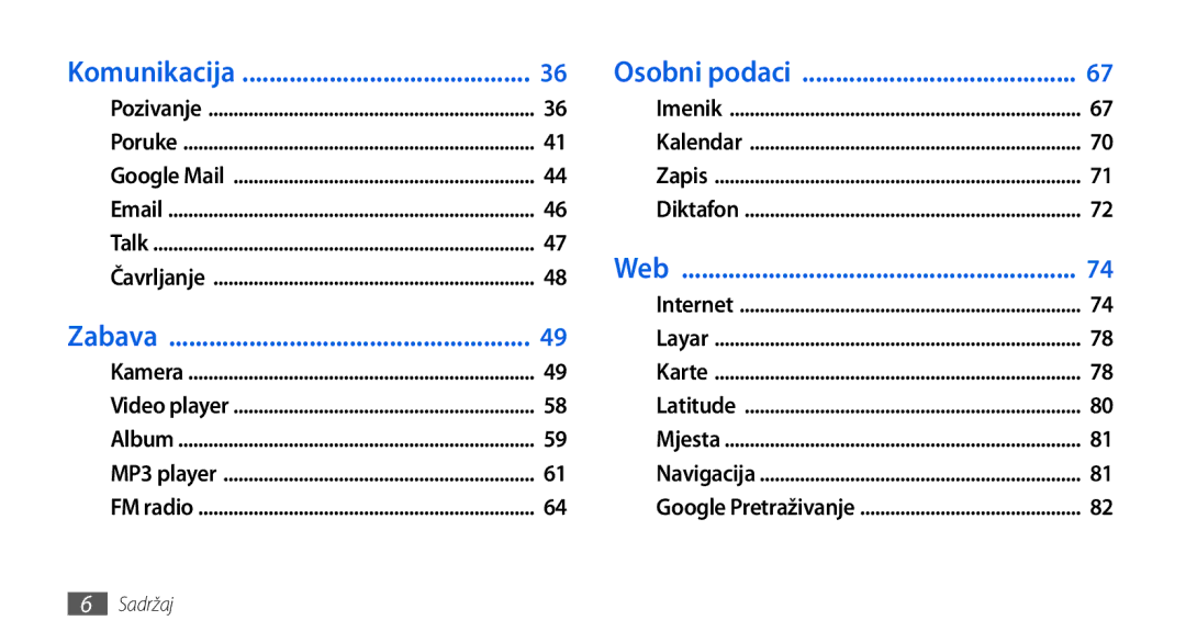 Samsung GT-I5800DKATWO, GT-I5800DKAVIP, GT-I5800DKATRA, GT-I5800DKASEB, GT-I5800DKACRG manual Komunikacija Osobni podaci 